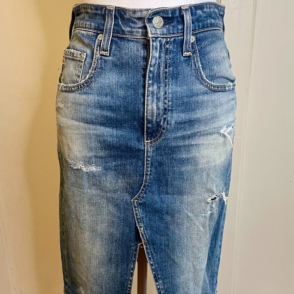 Distressed Denim Skirt Split Front Ag Adriano Goldschmied Sz 27